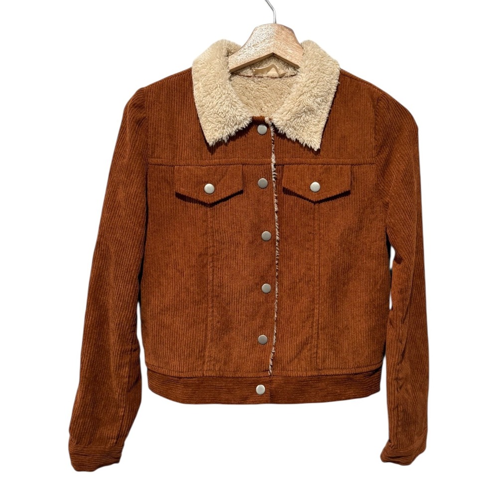 Altard State Shacket Jacket Women XS Corduroy Faux Fur Collar Trucker Rust Brown